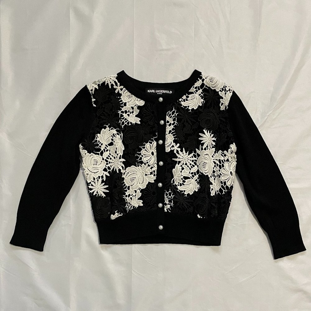 Karl Lagerfeld Paris Black & White Faux Lace Cardigan Sweater – Size XS